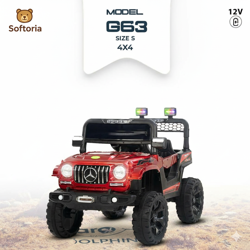 Softoria G63 12V 4x4 Ride-On Jeep for Kids | Size S | Battery Operated Electric Car with Lights, Music & Remote Control